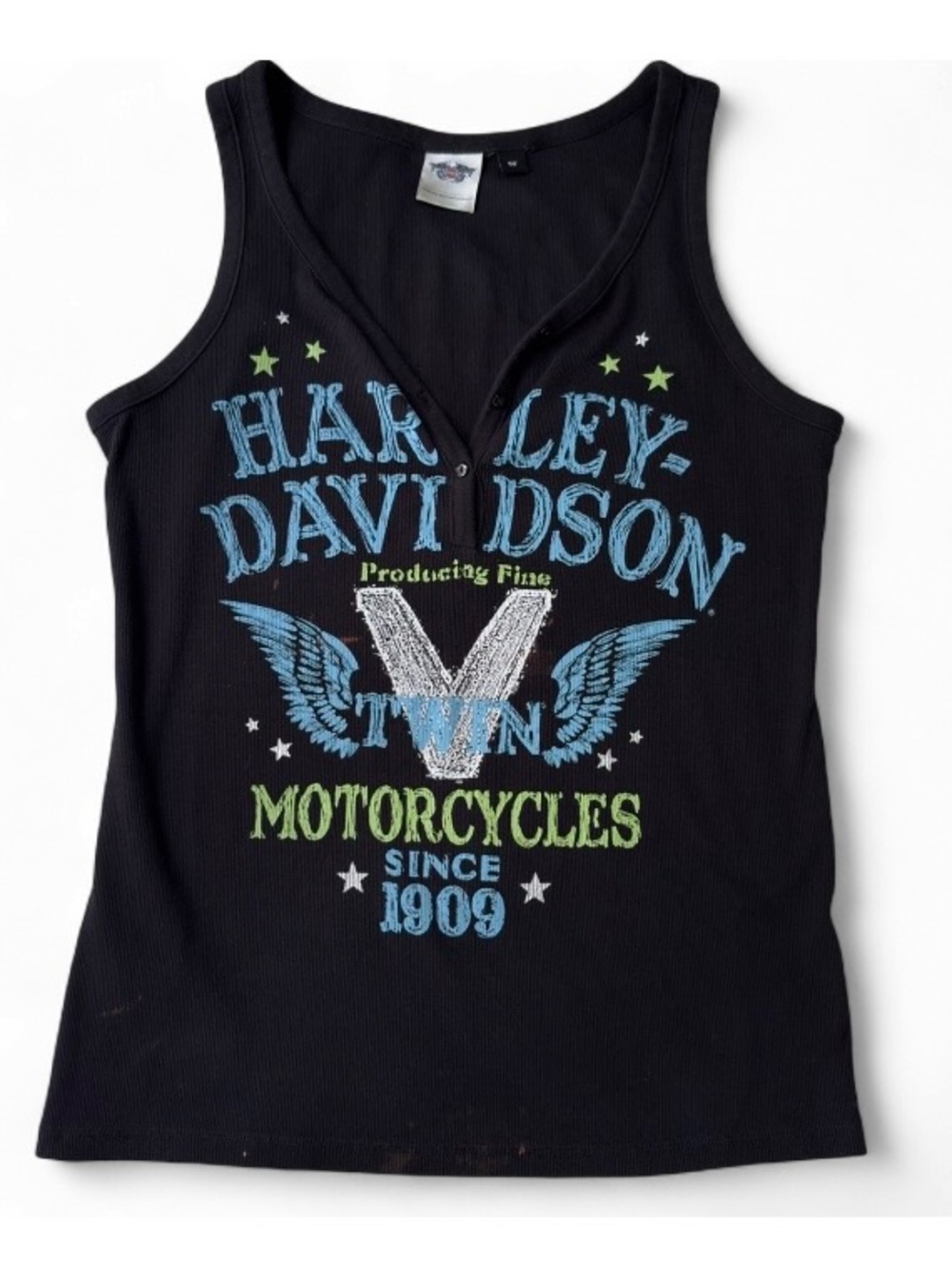 y2K Harley-Davidson Black V-Neck Ribbed Tank Top Blue Logo Graphic sz XL 1X